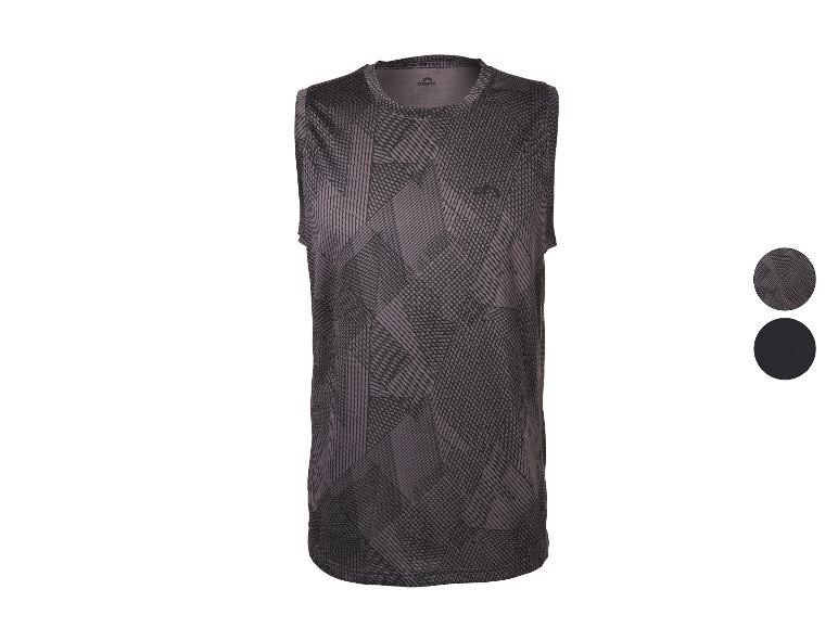 Mouwloos heren T-shirt met geometrisch patroon in donkergrijs en zwart.