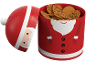Kerstkoekjesblik in de vorm van de Kerstman gevuld met chocoladekoekjes.