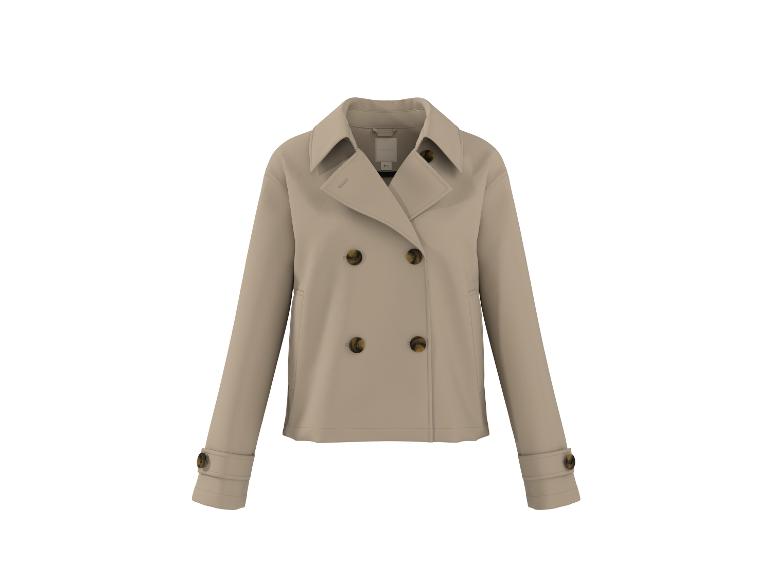 Beige double-breasted jas met knopen en kraag.