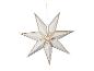 Witte achtpuntige decoratieve ster, met gouden randen en uitsparingen van sterren en stippen.