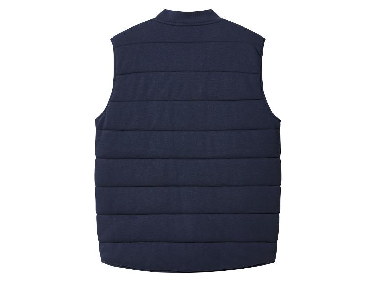 Donkerblauw gewatteerd vest met hoge kraag, achteraanzicht.