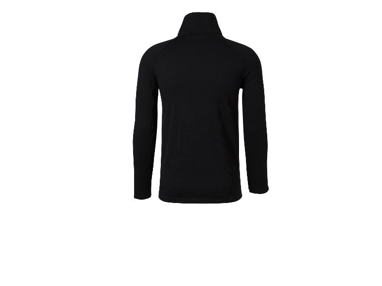Zwart shirt met lange mouwen en hoge kraag, van achteren gezien.