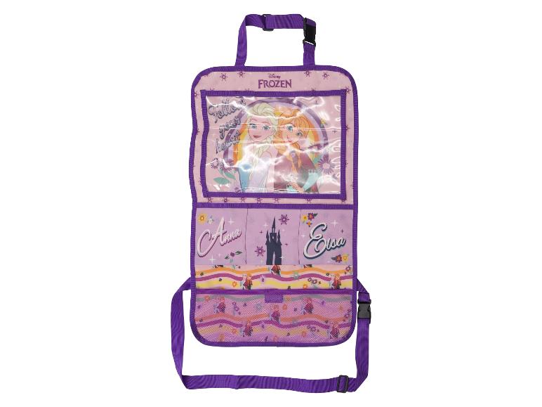 Disney Frozen autostoel organizer met Elsa en Anna, vakken en tabletcompartiment.