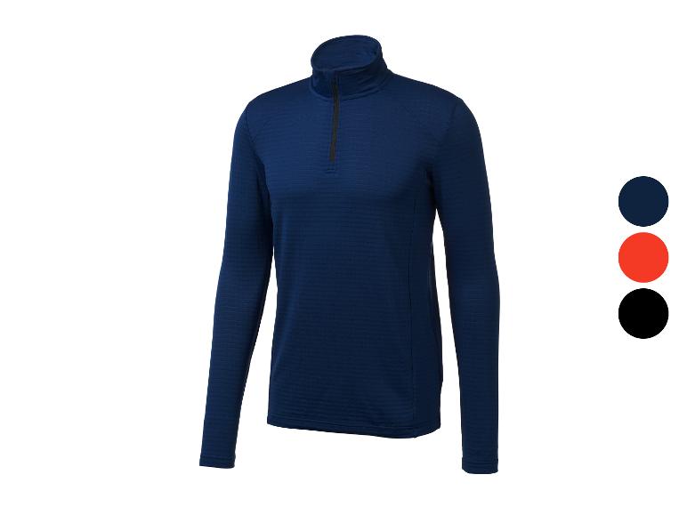 Blauw sportshirt met korte rits en getoonde kleuropties.