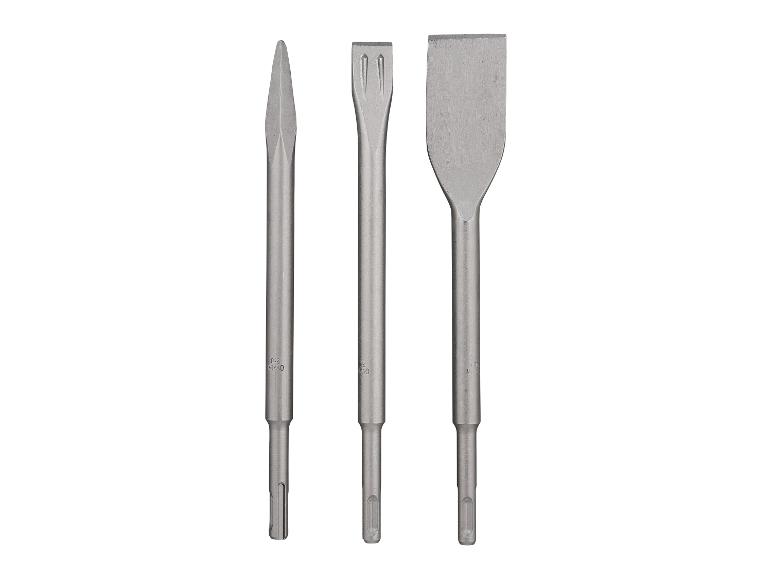 Drie metalen SDS-plus hamerbeitels voor sloop- en beitelwerk.