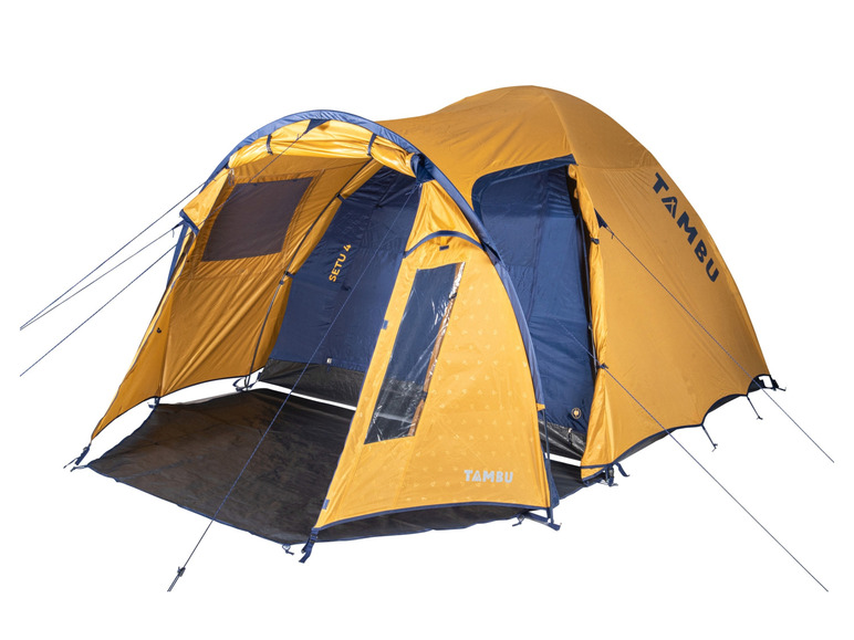 Een gele Tambu Setu 4 tent met blauwe accenten.