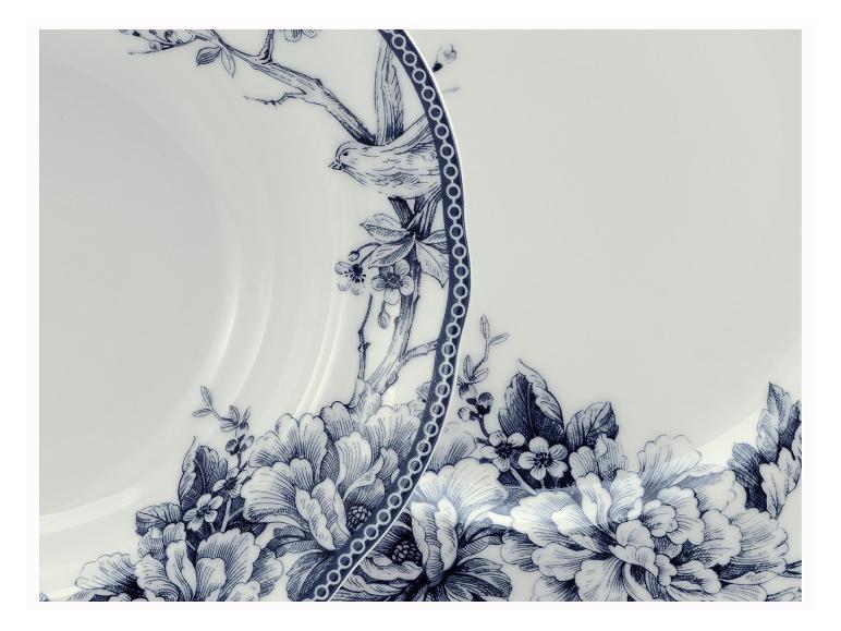 Wit en blauw keramisch bord met bloemmotief en vogel