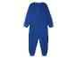 Blauwe kinderfleece-onesie, achteraanzicht.