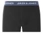 Zwarte boxershorts met blauwe elastische tailleband en witte tekst.