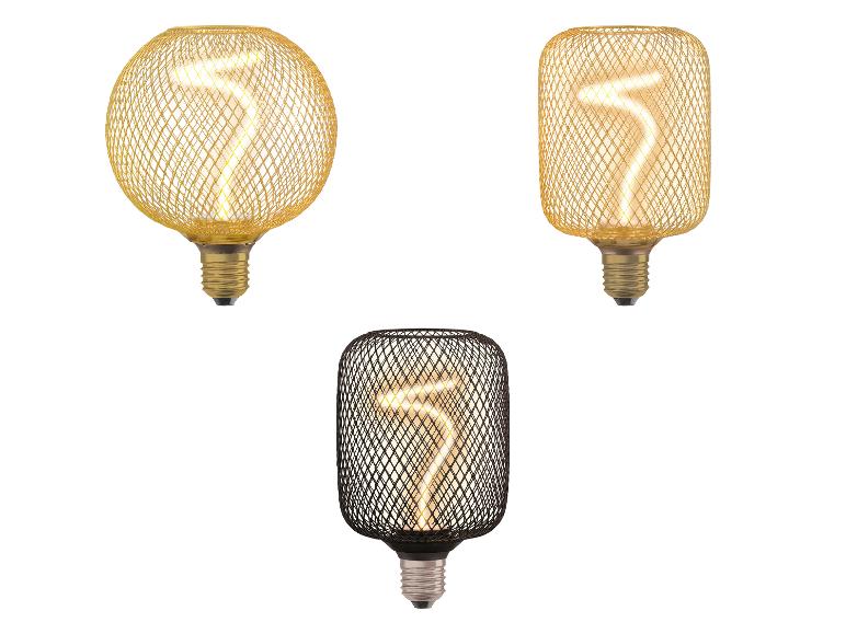Drie decoratieve LED-lampen met gaas, twee goudkleurig en één zwart.