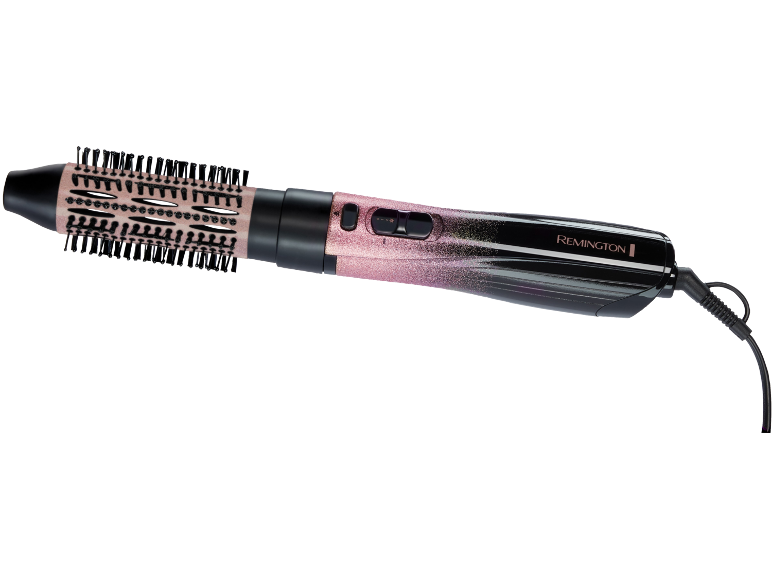 Roze en zwarte heteluchtstyler met borstelkop en bedieningselementen.
