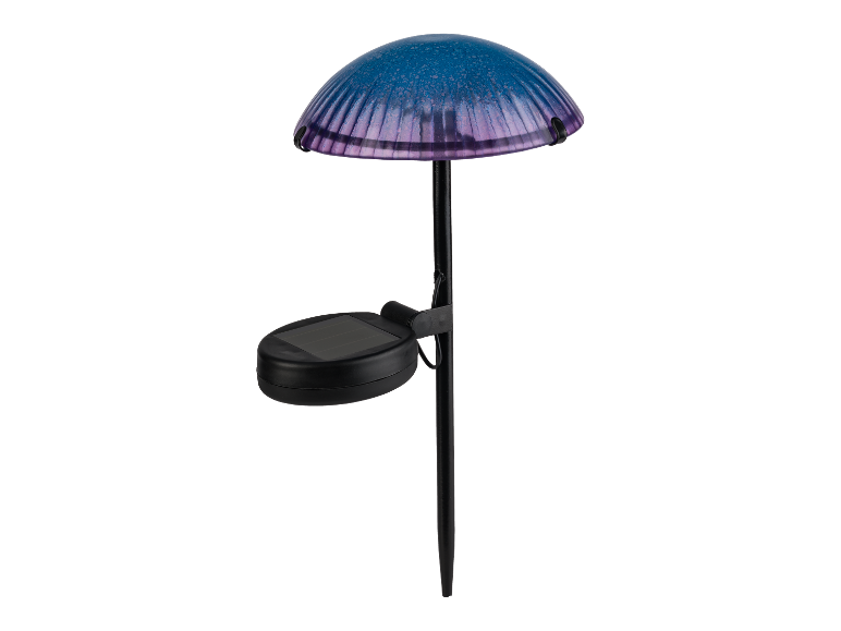 Solar lamp in de vorm van een paddenstoel, paarse en blauwe tinten.
