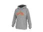 Grijze hoodie met oranje logo op de voorkant.