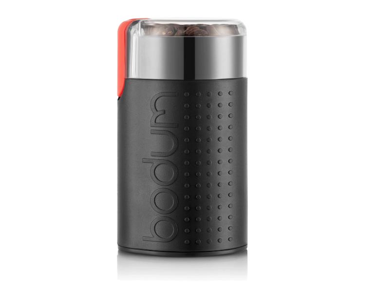 Bodum koffiemolen in zwart en rood met koffiebonen
