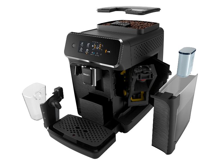 Een Philips espressomachine met een zichtbaar inwendig mechanisme.