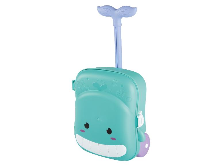 Walvisvormige kinderkoffer met wielen en uitschuifbaar handvat.