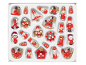 Set van rood-gouden houten kerstdecoraties, waaronder soldaatjes, engelen en kerstmannen.