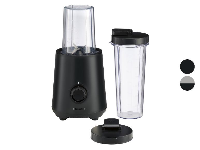 Zwarte blender met twee bekers en deksels, met draaiknop.