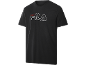 Zwart T-shirt met korte mouwen met witte tekst en rood accent.
