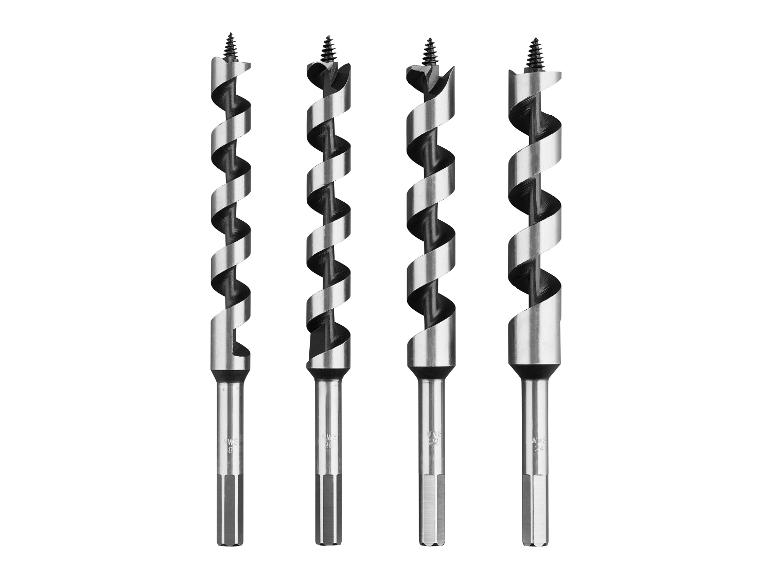 Vier metalen boortjes met schroefdraad.