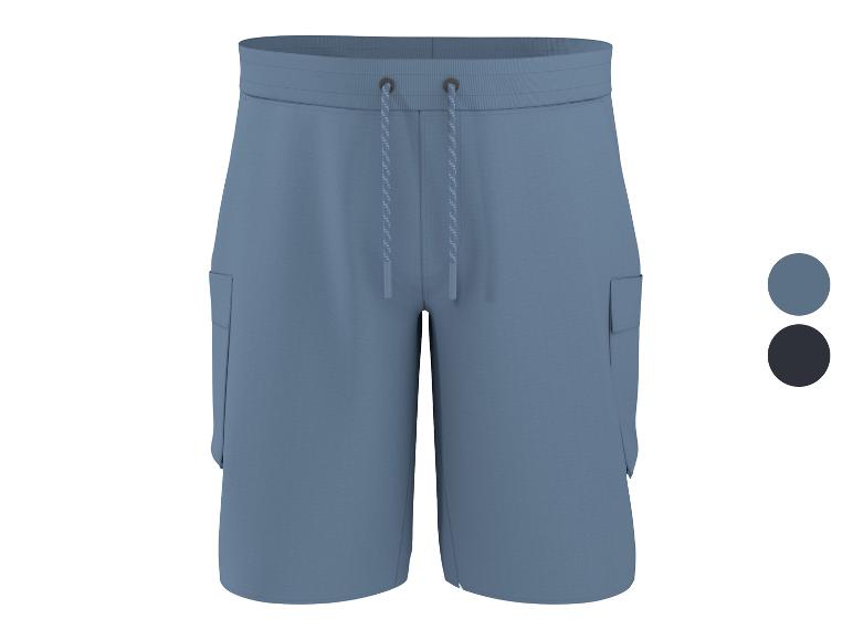 Blauwe cargo shorts voor heren met trekkoord in de taille, getoond met kleurstalen.