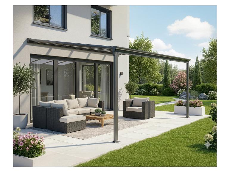 Modern terras met pergola, buitenbank, fauteuil en potplanten.