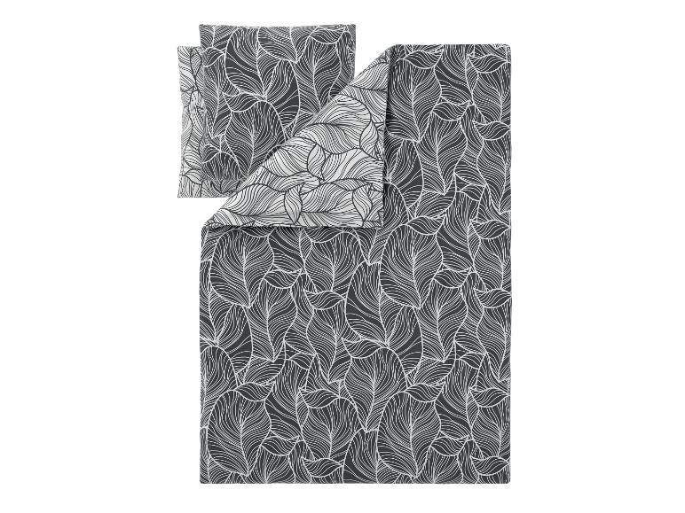 Donkergrijs dekbedovertrekset met wit bladpatroon, inclusief twee kussenslopen.