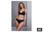Lachende vrouw in ESMARA® zwarte geribde bustier en slip. [AI-gegenereerde afbeelding]