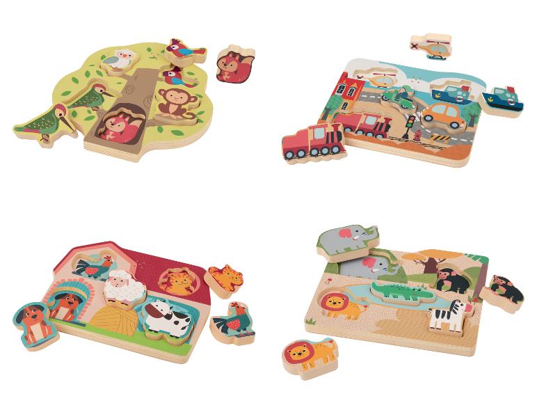 Vier houten puzzels met verschillende thema's: bos, transport, boerderij en jungle.