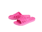Een paar roze slippers met gaten en witte strepen op de zool.