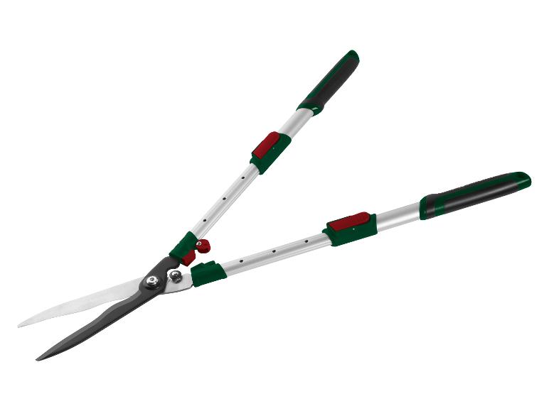 Uitschuifbare heggenschaar met groene en rode handvatten.