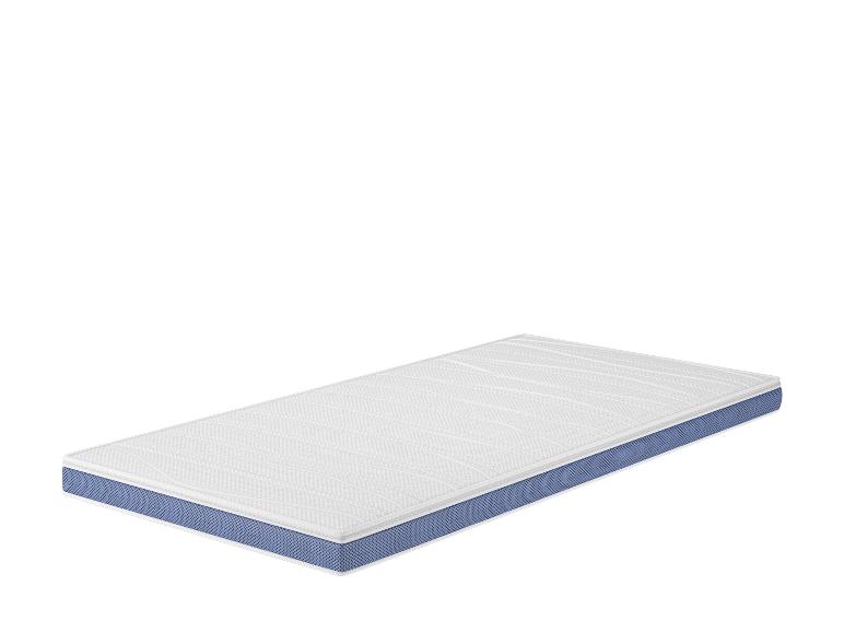 Wit matras met blauwe details op een witte achtergrond.