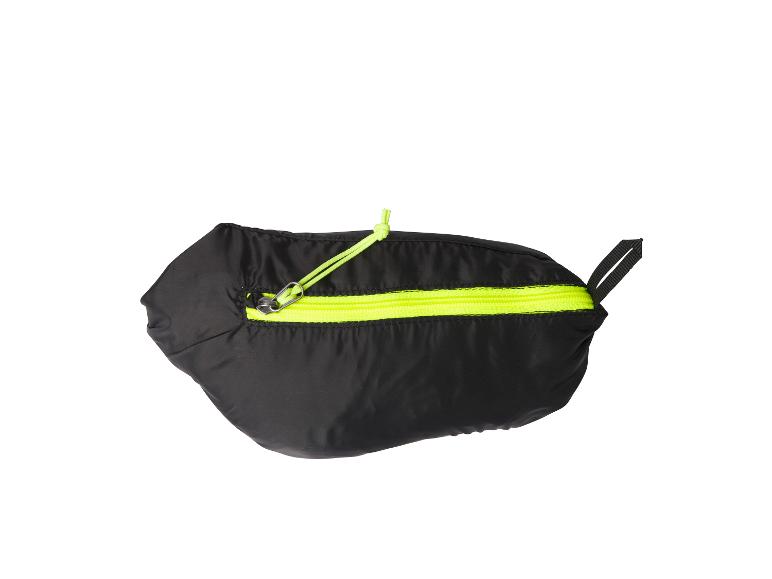 Opvouwbare zwarte tas met gele rits.