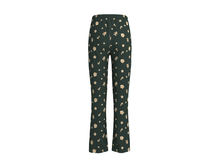 Donkergroene pyjamabroek met feestelijke kerstmotieven.