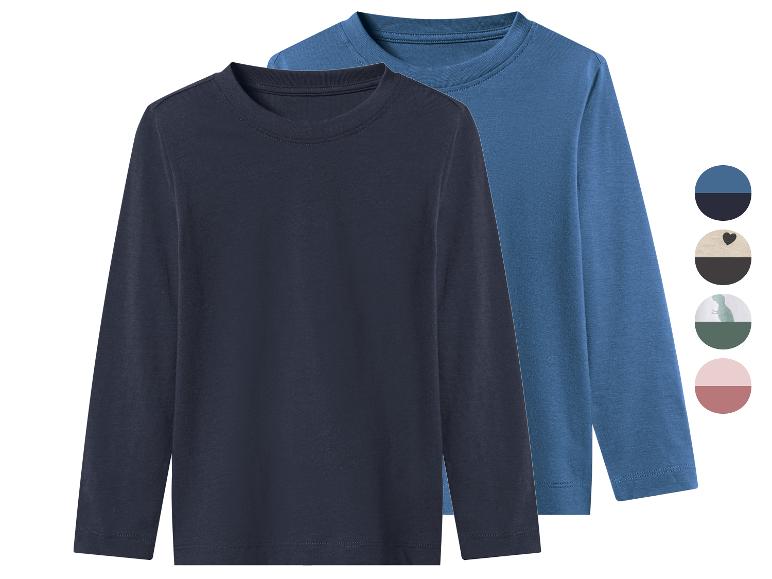 Twee kinderlongsleeves, één donkerblauw en één lichtblauw, met kleurstalen.