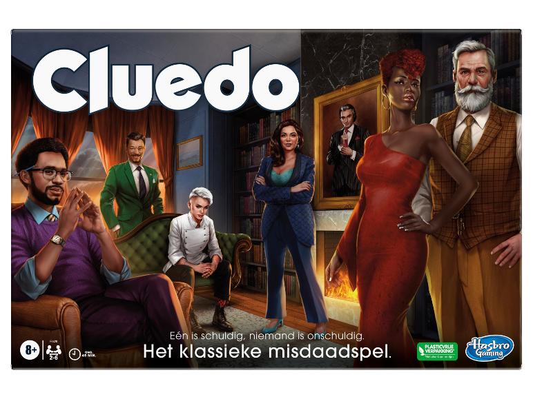 Cluedo bordspel met karakterillustraties en Dutche tekst.