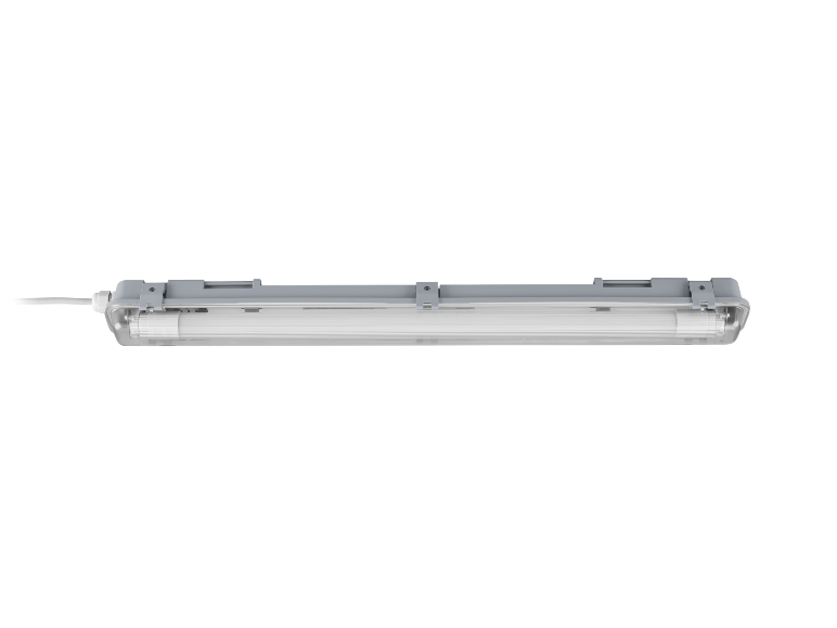 Lichtgrijze LED-armatuur met transparante kap en witte kabel.