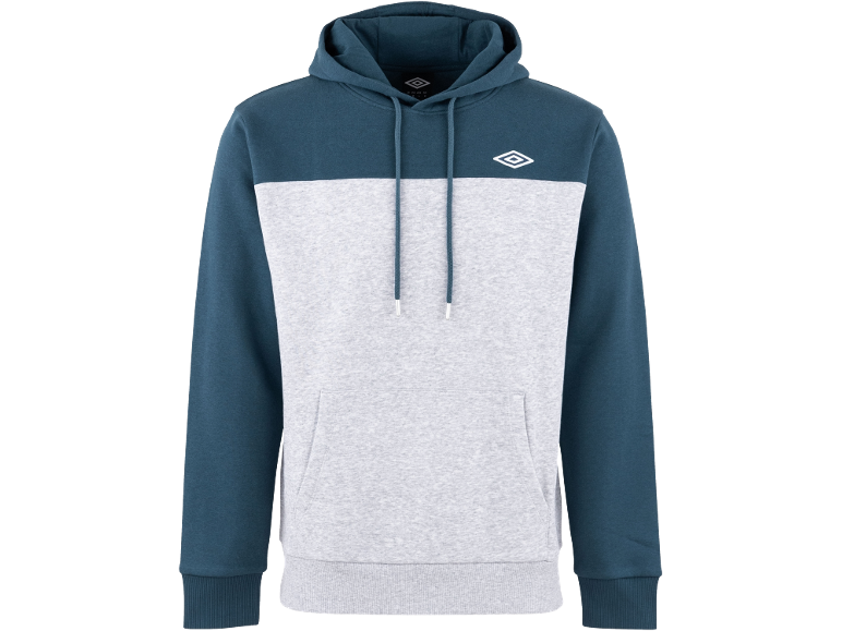 Tweekleurige herenhoodie in donkergroenblauw en lichtgrijs met een voorzak