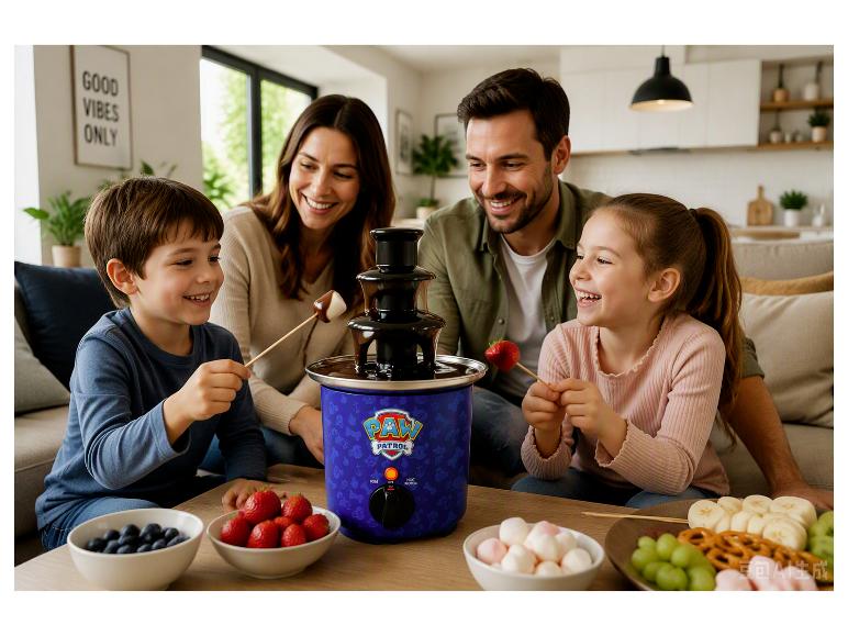 PAW PATROL chocoladefontein met een gelukkig gezin dat fruit dopt.