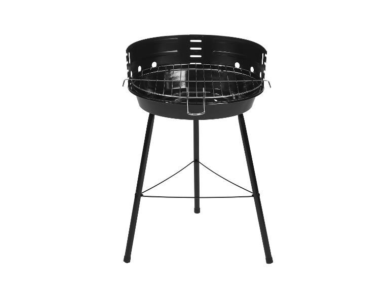 Zwarte houtskoolbarbecue op drie poten met rooster.