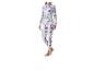 Vrouw in legging en coltrui met abstracte paarse en lichtgroene print.