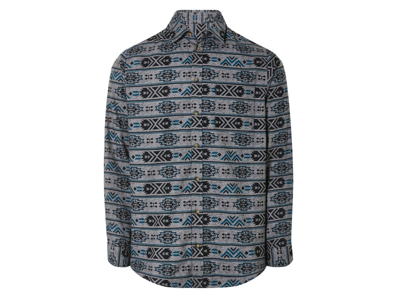 Een grijze lange mouwen blouse met een geometrisch patroon.