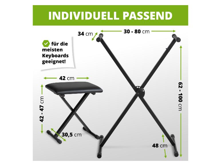 Verstelbare keyboardstandaard en opvouwbare kruk met afmetingen.