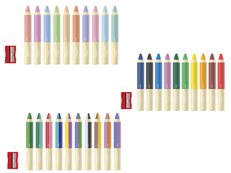 Crelando 3-in-1 kleurpotloden: pastel- en felle kleuren, inclusief puntenslijper.