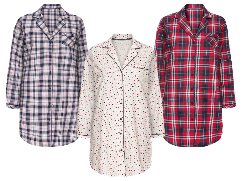 Drie damesnachthemden met ruitjes, stippen en een effen patroon.