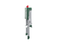 Opgevouwen trapladder met groen frame en rood handvat, zijaanzicht.