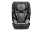 Grijs en zwart kinderautostoeltje met veiligheidsharnas en de tekst 'Flux Isofix eXT'.