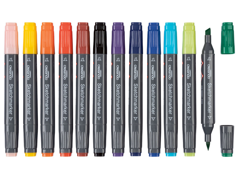 Een reeks Crelando Sketchmarker stiften in verschillende kleuren.
