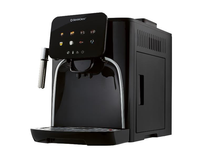 Zwart automatisch koffiezetapparaat met touchscreen en drankselectie-iconen.
