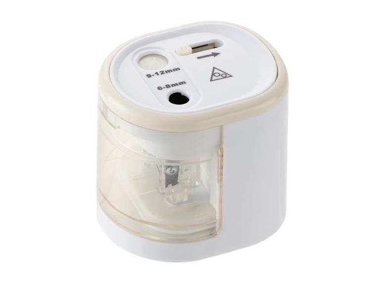 Wit en beige elektrische puntenslijper met twee slijpopeningen (6-8mm en 9-12mm).